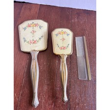 Vintage Floral Guilloche Vanity Set Hand Mirror Brush Comb Gold Tone 3pc picture