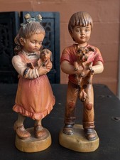 Vintage DOLFI Italy Boy & Girl Dog Art Wood Carved Figurine Italian Wooden Set picture