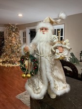 Victorian Christmas Santa Mantel Table Top Figurine Ivory Gold Elegant 18” Tall picture