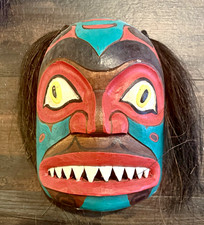 Hand Painted Carved wooden Mask w/ Hair & Teeth,  Pacific, Northwest inspired picture