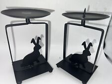 Lot Of 2 Metal Tin Candleholders Silhouette Black Rabbit Bunny Candlestick 5” picture