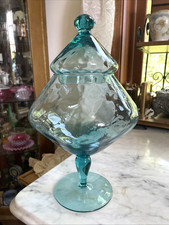 Empoli Italian Blue Optic Footed Circus Tent Lid Apothecary Candy Jar MCM picture