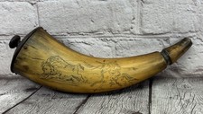 Vintage Faux Powder Horn Wood Carving - Folk Art Scrimshaw Style Scott - 9 Inch picture