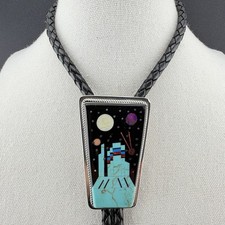 Navajo Sterling Silver Space Landscape Inlay Bolo Tie Native American Jewelry picture