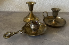 3- Vintage Brass Chamberstick Candlestick Holders Ornate Handle picture