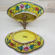 Chinese Famille Jaune Footed Oblong Bowls Enameled Set Vibrant Florals Pair Set picture