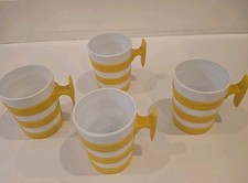 Vintage Deka Plastic Mugs Set of 4 Yellow & White Stripped Retro picture