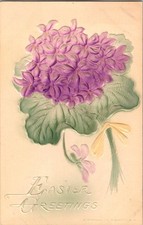 Vintage 1909 Easter Greetings Postcard Purple Flowers Embossed picture