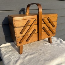 VTG MCM Norway Accordion 3-Tier Cantilever Wood Sewing Jewelry Box Dovetail picture