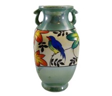 Vintage Handpainted Green Porcelain Lustre Vase Urn Blue Bird Leaves Japan READ picture