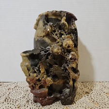 Rare OOAK Vintage Chinese Carved Soapstone Double Vase Floral Sculpture 11” 10Lb picture