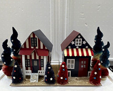 Pier 1 cardboard Village Houses Set of 2 w/ 4 pier one Brush Trees picture