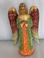 VINTAGE SIGNED Skovorodko HAND CARVED & PAINTED WOODEN RUSSIAN ANGEL FIGURINE picture