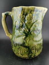 1920s Stoneware Majolica Green Raised Floral Milk Pitcher Jug Heavy Green Glaze picture