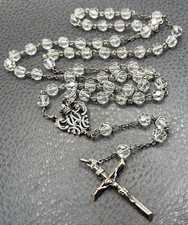 VTG European Sterling Silver Cross Crown Rosary Necklace Glass Crystal Beads picture