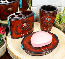 Western Cowgirl Red Love Heart Scrollwork Cup Soap Dish Toothbrush Holder Set picture
