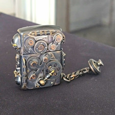 Rare Zippo Heavy Lighter Steampunk Gear Design w/ Chain & Display Case picture