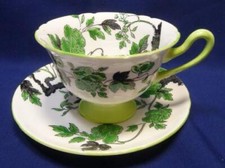 SHELLEY ENGLAND FOOTED CUP&SAUCER HAND PAINTED GREEN OVINGTON 13216 ENAMEL VTG picture
