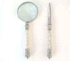 Vintage Silve Tone Brass Magnify Glass & Letter Opener Mother of Pearl Handle picture