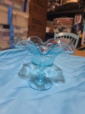 Vintage Glass Compote, Blue W/ Leaf Design, Ruffled picture