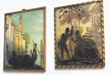 Vintage Reverse Painted Glass Silhouettes Convex Glass Lovers Romance picture