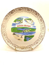 VTG Ludington, Michigan souvenir porcelai plate featuring hand drawn map of area picture