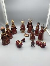 Vintage Mexican Christmas Nativity 14 Figurines Hand Painted Red/Gold Clay 5.5” picture