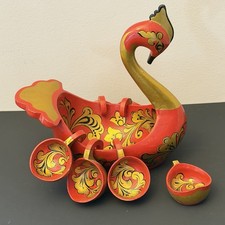 Vintage Russian Khokhloma Swan Bowl & 5 Cups Folk Art Red Gold Hand Painted picture