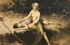 1900s Mystical Darling Mermaid Hugs Seduces Sleeping Guy ANTIQUE POSTCARD picture