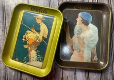 Coca-Cola Tin Trays Party Girl 1925 & 1935 Boy Fishing Norman Rockwell Vintage picture