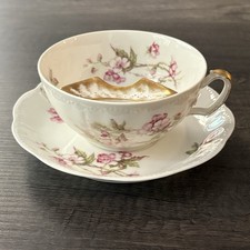 Antique Haviland Limoges Mustache Cup & Saucer Set Pink Apple Blossom Gold 1894 picture
