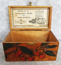 Antique Jordan Marsh Co Pyrography Fire Art Wood Storage Box - Cherry Cherries picture