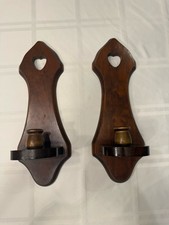 Vintage 70s Wooden Wall Sconces Candlestick Holder W/Hearts - Farm/Cottage Decor picture