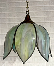 Vtg MCM BLUE SWIRL Slag Glass Hanging TULIP Pendant Swag Lamp COLOR CHANGING picture