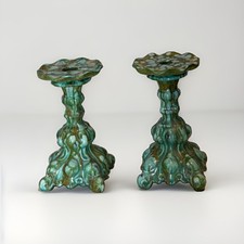 Vintage MCM Holland Mold Pair of Green Ceramic Candlesticks Rococo Style picture