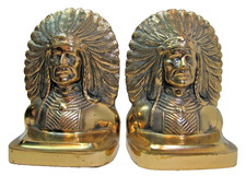 NATIVE AMERICAN INDIAN CHIEF WD ALLEN CHICAGO USA Ornate Brass Antique Bookends picture