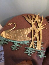 MCM Large Two-Piece Brass Wall Hanging Swan with Cattails Stunning Retro picture