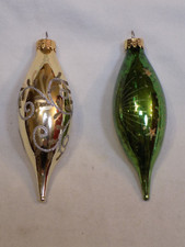 Unique Treasures Blown Glass Bulb Shape Christmas Ornament Lot Set 2 Green Gold picture