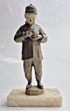Chinese Man Eating Rice Braided Hair VTG Painted Metal Asian Nodder Stone Base picture
