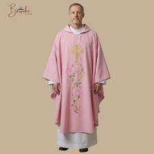 Pink Rose Priest Chasuble Gold Embroidery Catholic Church Mass Vestment picture
