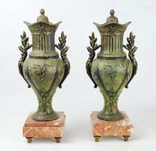 Pair Vintage Neoclassical Bronzed Spelter Urn Garnitures Marble Bases 13-3/4