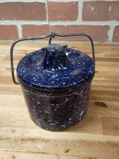 Vintage lidded Crock With Metal Fastener Stoneware Speckled Blue Pottery picture