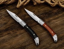 One Elegant Stainless Steel Folding Pocket Knife Black or Mahogany Wood Handle picture