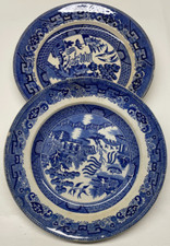 Pair Blue White Willow Plates – T. Phillips & Son Burslem + Buffalo Pottery 1911 picture