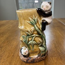 Vintage Majolica Vase Planter Figurine Panda Bears Mom Baby Bamboo PY600P Cute picture
