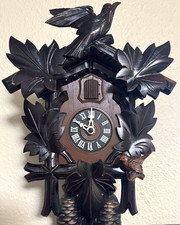 NICE LARGE 8 DAY WORKING UNUSUAL 2 BIRD DEEPLY CARVED BLACK FOREST CUCKOO CLOCK picture