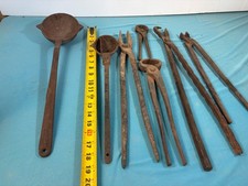 Lot of 7- Iron Work Black Smith Tools Smelting Ladle Hollands, Cast Iron, Tongs picture