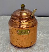 Vintage Solid Copper Jam Pot with Brass Spoon & Lid Countertop Canister Jar picture