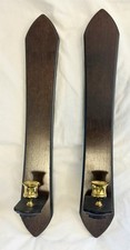 Vintage Home Interiors Wall Sconces Cherry Wood Brass Gold Trim Set Of Two picture