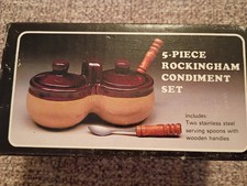 Stoneware Double Condiment Brown Crock Set With Spoons. New Old Stock Vintage  picture